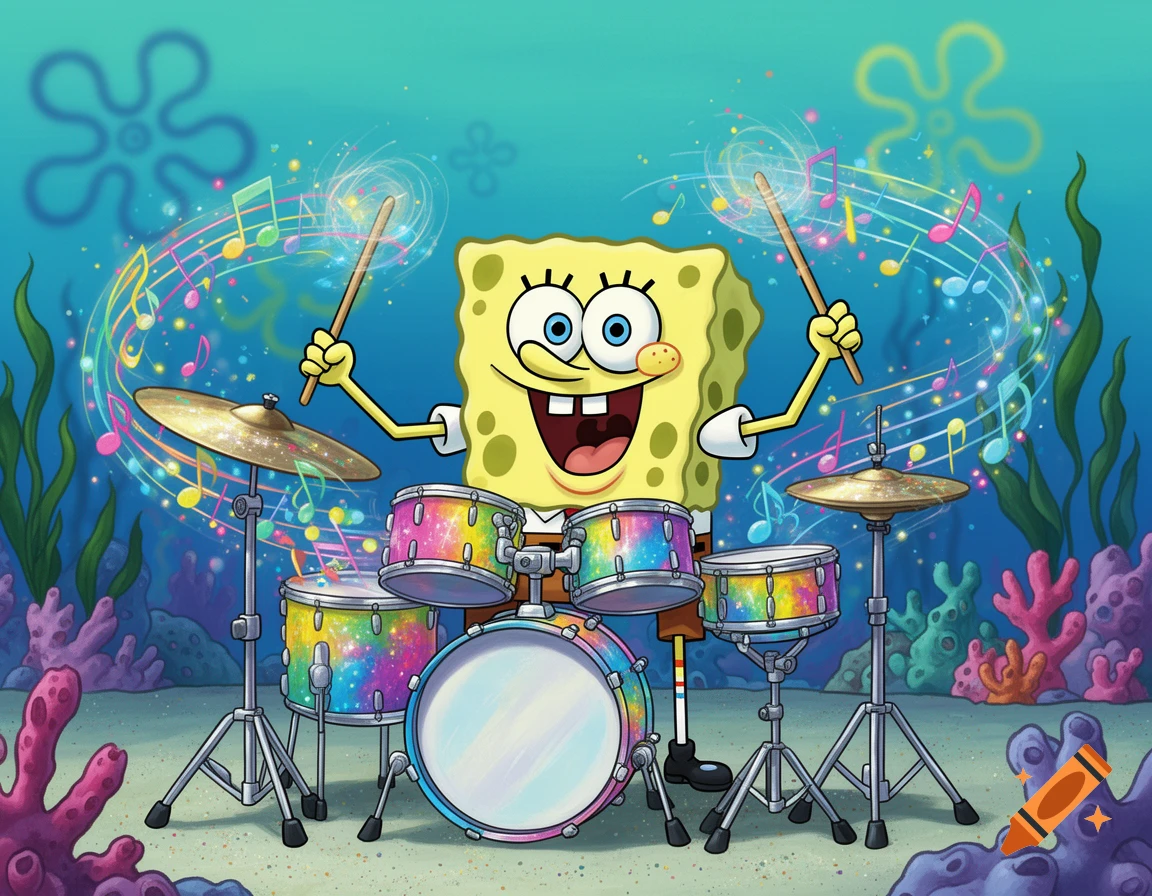 SpongeBob SquarePants cheerfully plays a vibrant, rainbow-colored drum kit underwater, surrounded by glowing musical notes.