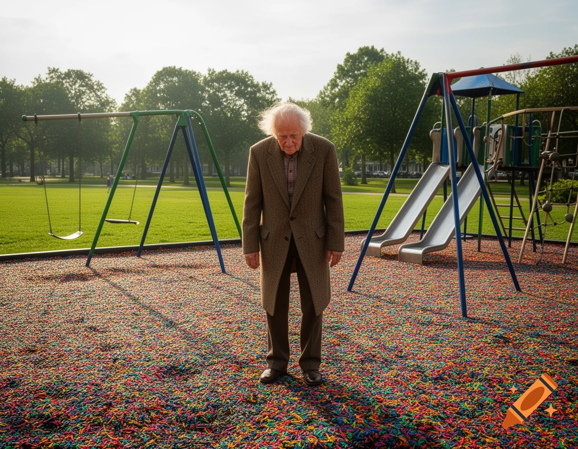 An old man stands solemnly in a colorful playground with swings and slides under a bright sky.