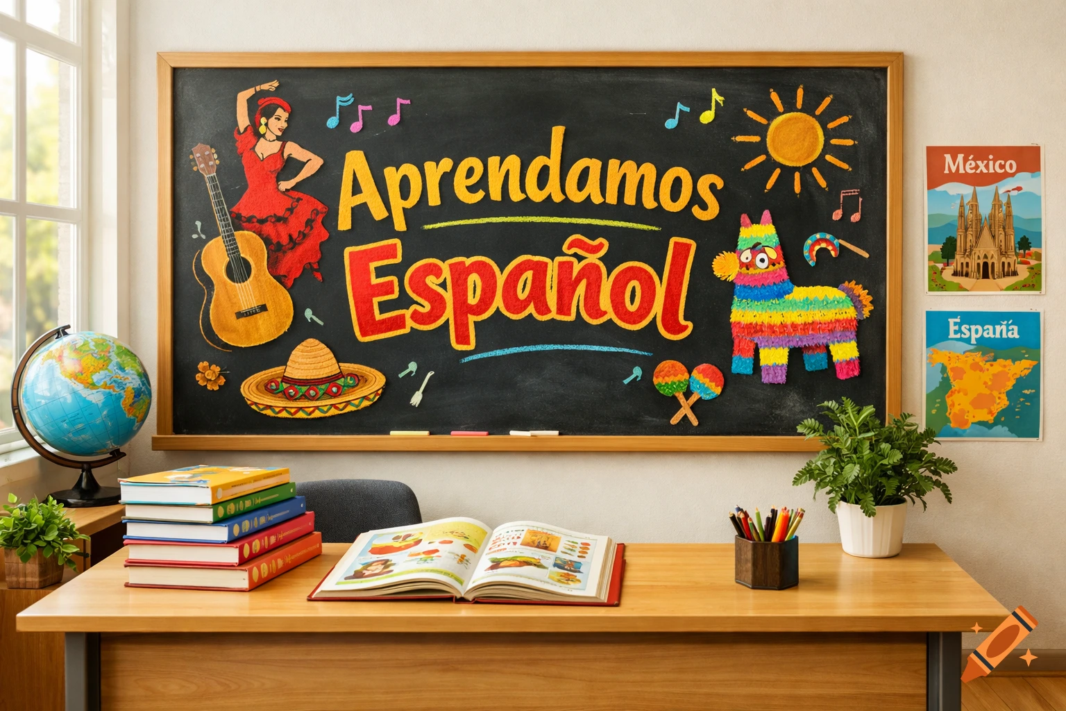 A bright classroom with a blackboard displaying 'Aprendamos Español', a globe, books, and cultural decorations.