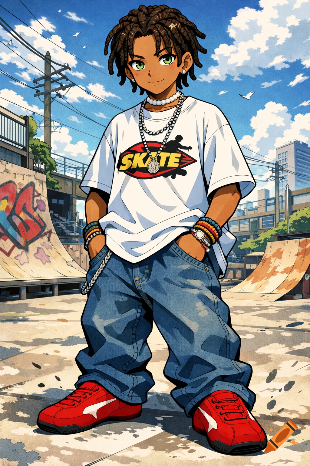 Anime boy with dreadlocks and green eyes in baggy clothes and red shoes stands in a skate park.