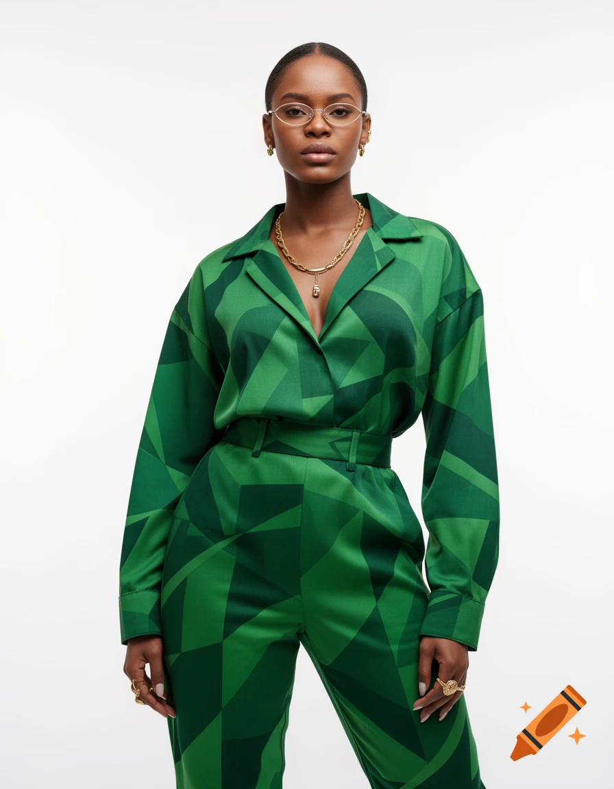 A woman with short hair and glasses wears a green geometric patterned jumpsuit and gold jewelry, standing against a white background.