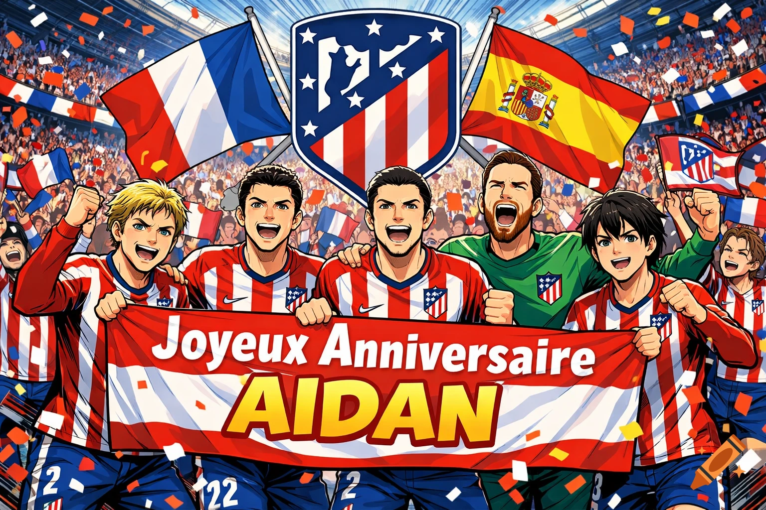 Manga-style Atletico Madrid football players celebrate in a stadium, holding a banner "Joyeux Anniversaire AIDAN", with French and Spanish flags.