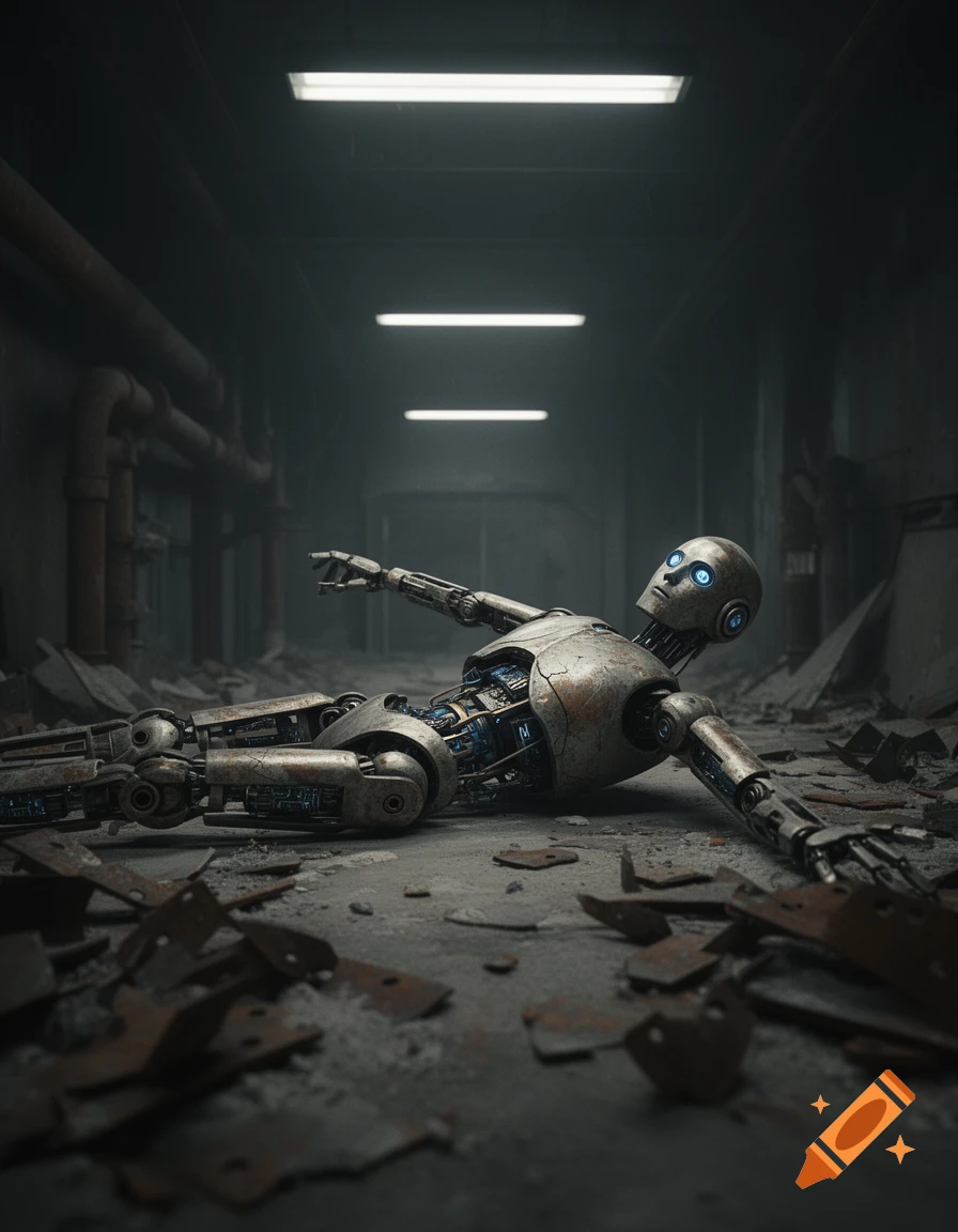 A broken, rusty robot with glowing blue eyes lies on a debris-strewn industrial hallway floor.
