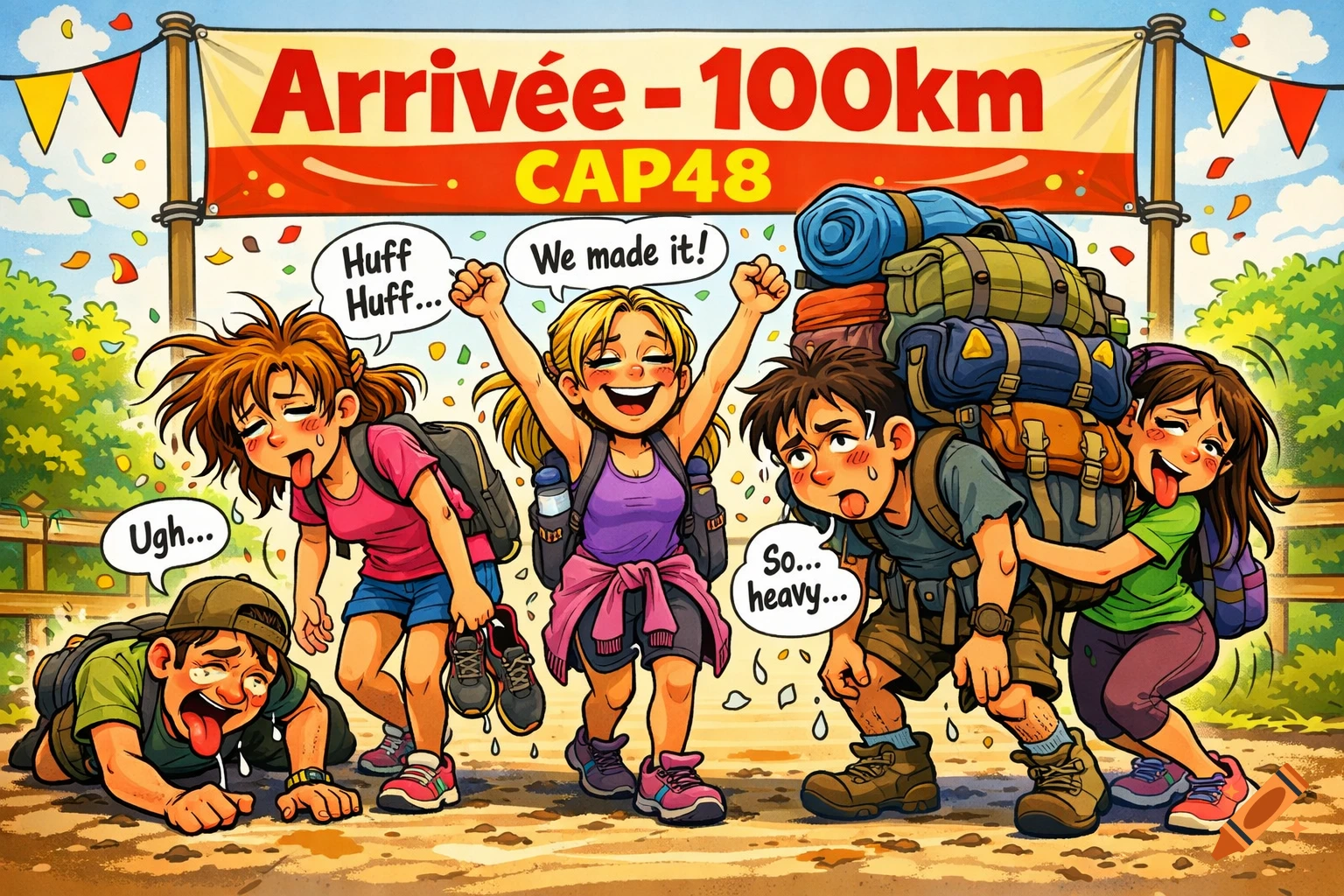 A colorful cartoon of five extremely tired hikers at a "Arrivée - 100km CAP48" finish line. One crawls, others pant, and one cheers, carrying heavy backpacks.