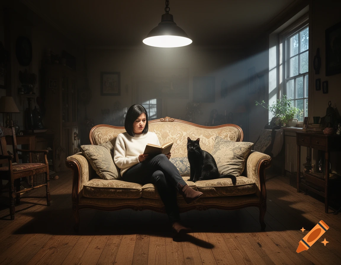 A woman reads a book on a couch next to a black cat, bathed in strong light from a lamp and a window.