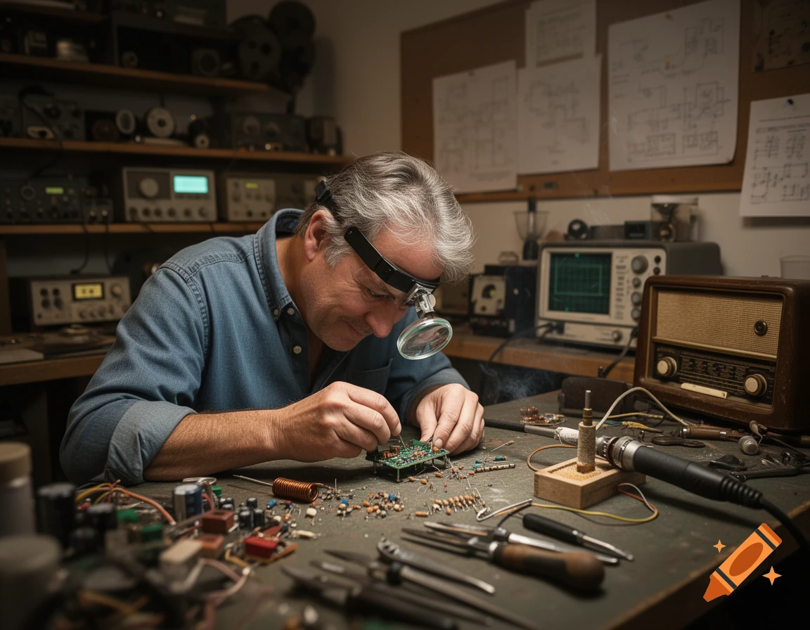 A man wearing a magnifying headset solders small electronic components on a cluttered workbench filled with tools and devices.