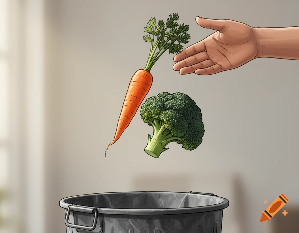 Semi-realistic illustration of a hand dropping a carrot and broccoli into a trash can, depicting food waste.