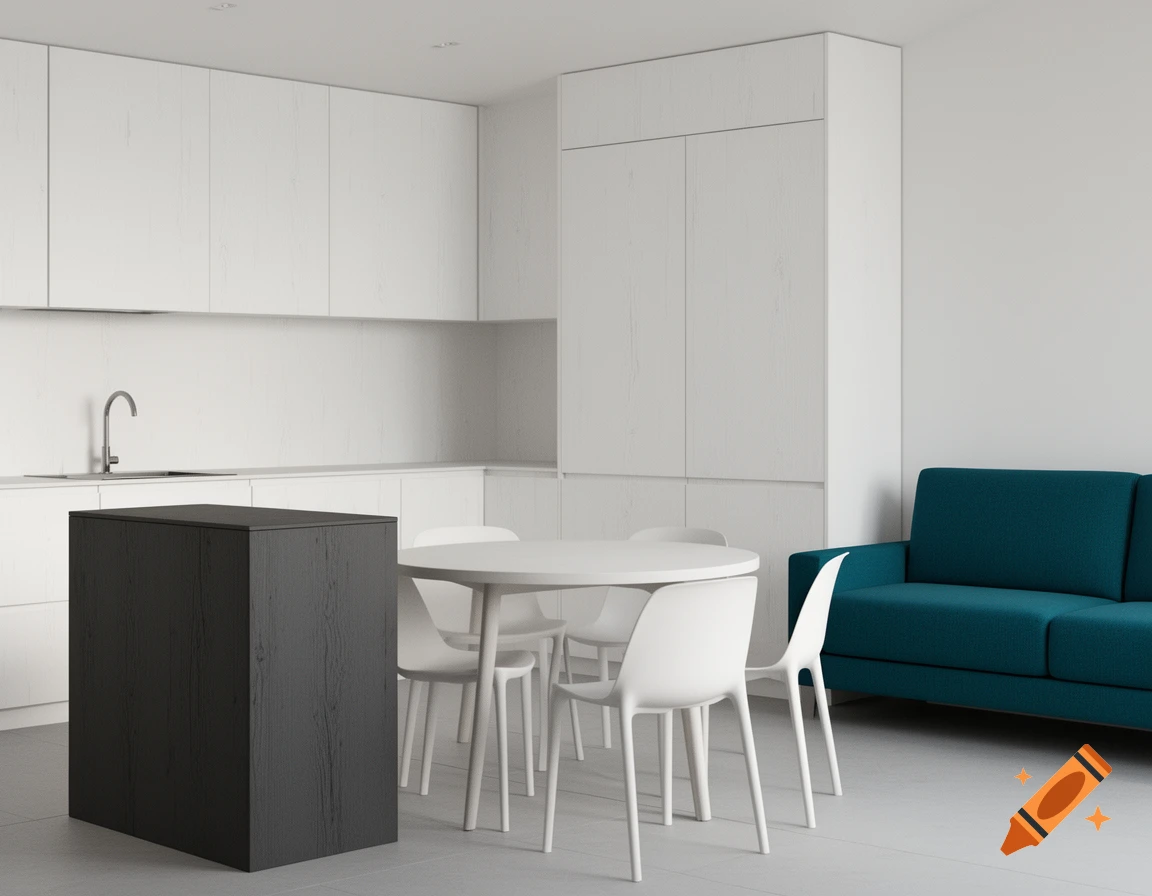 A minimalist open-plan kitchen and living room featuring white cabinets, a black island, a white dining set, and a teal sofa.