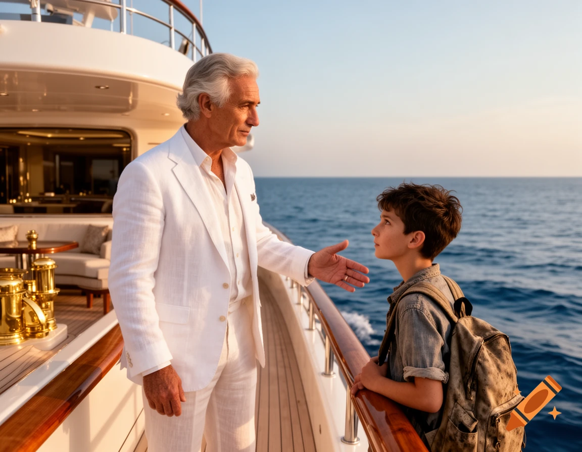 A wealthy older man in a white suit gestures towards a young boy with a backpack on a grand yacht at sea.