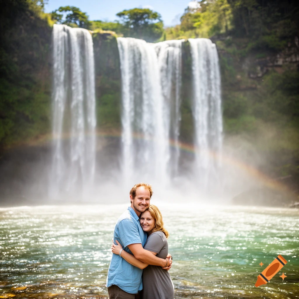 A smiling couple hugs in front of a wide, multi-stream waterfall with a rainbow, in a photorealistic style.
