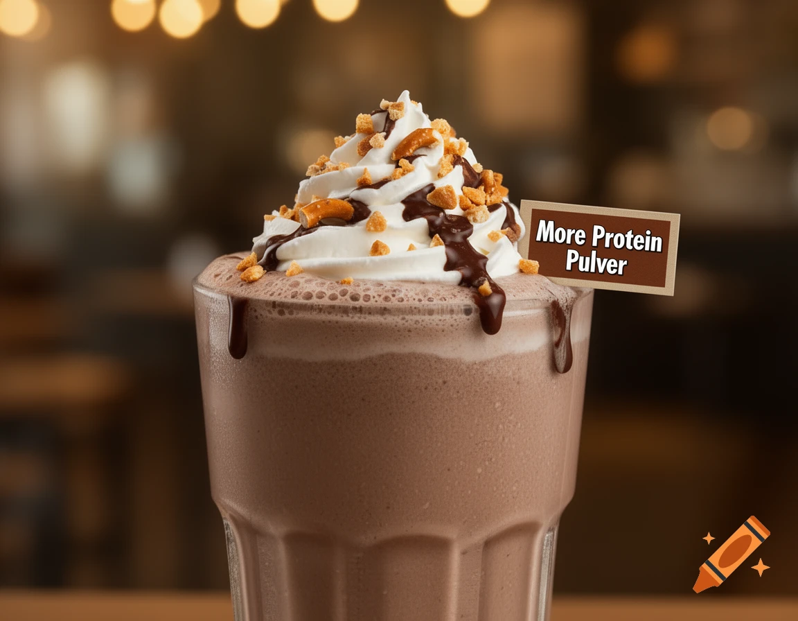 Photorealistic chocolate milkshake with whipped cream, chocolate drizzle, pretzel bits, and a sign saying 'More Protein Pulver'.