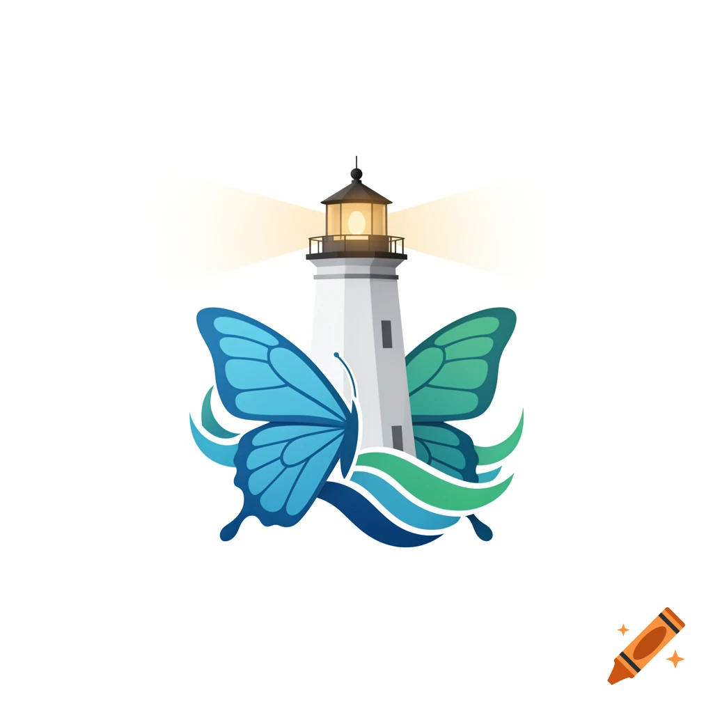 A graphic logo featuring a white lighthouse with a glowing top, integrated with a blue butterfly and green waves.