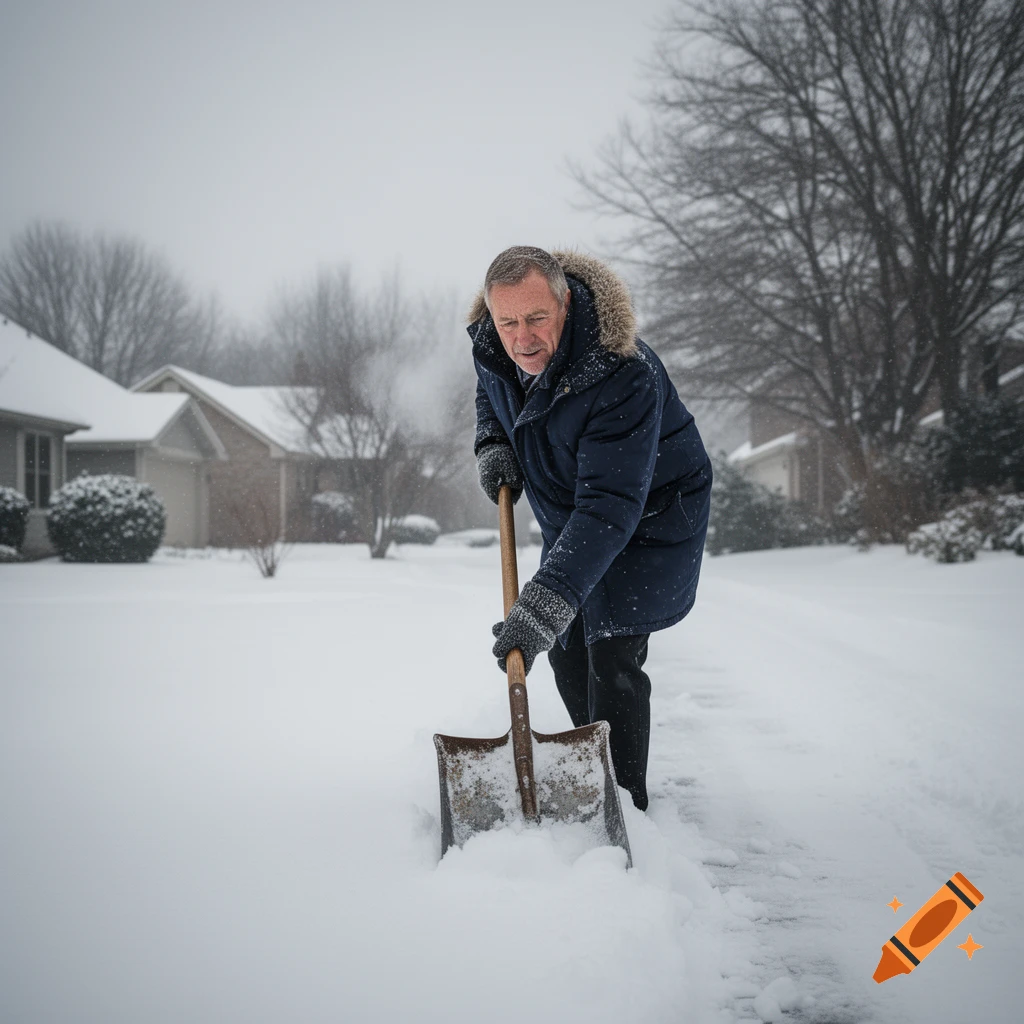 A man in a blue winter coat shovels snow from a driveway in a suburban neighborhood on a cloudy day.