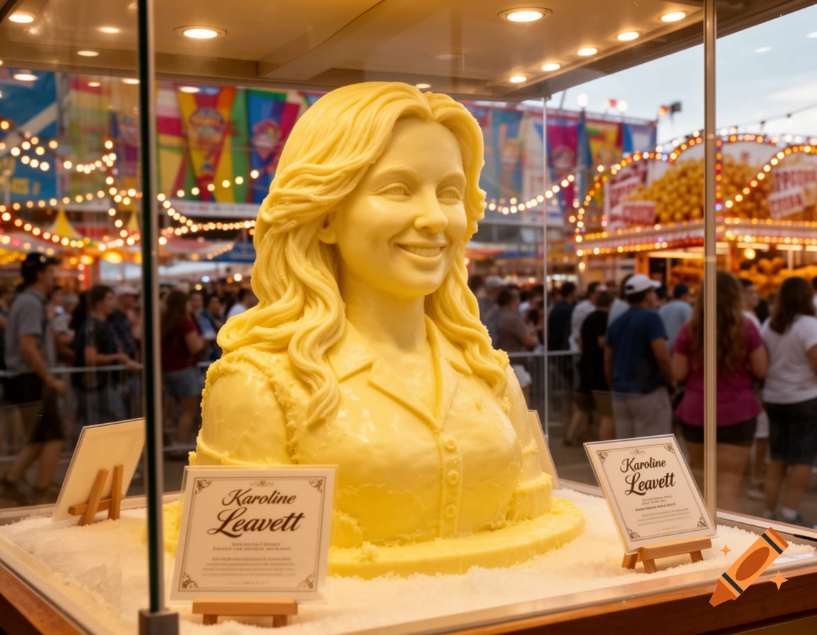 A photorealistic butter sculpture of a smiling woman with wavy hair, named Karoline Leavett, displayed at a lively fair.