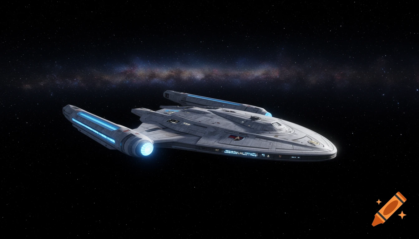 A Starfleet Akira class starship with glowing blue nacelles flies through deep space with the Milky Way visible in the background.
