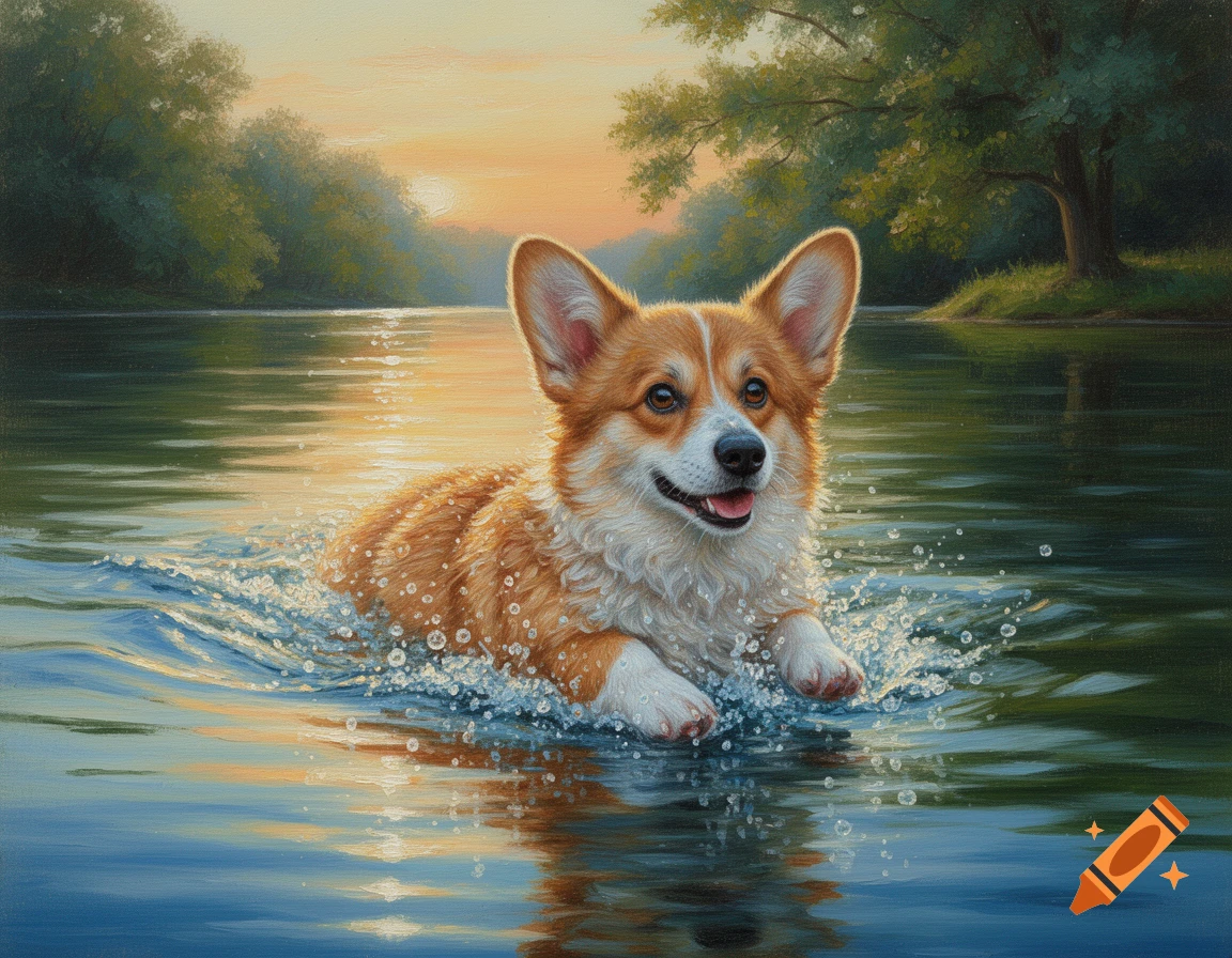 A happy corgi dog swims through a river with splashes, depicted in an oil painting style at sunset.