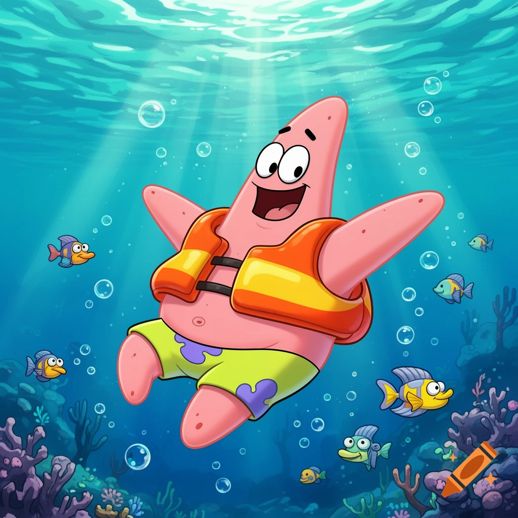 Patrick Star wearing a life jacket underwater, surrounded by fish and coral in a vibrant cartoon style.