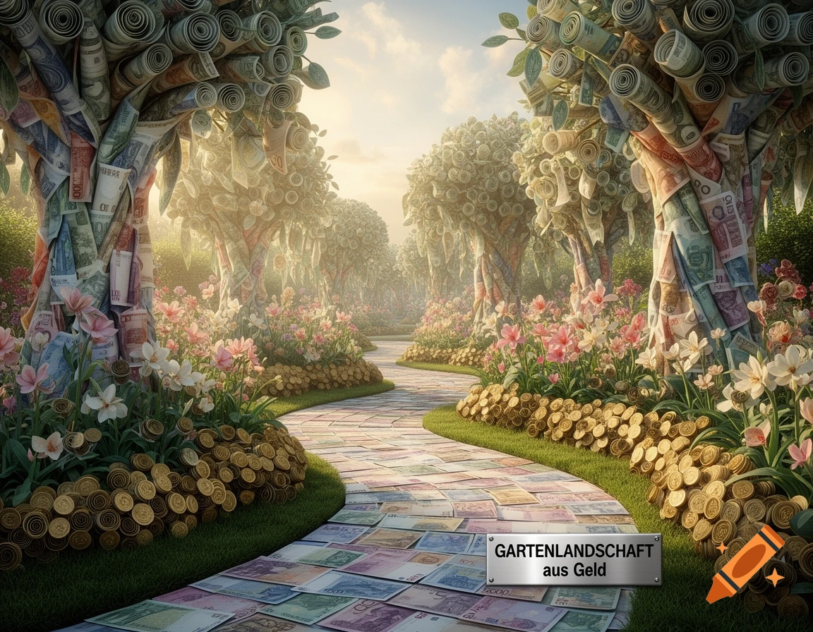 A fantasy garden with a path made of banknotes, surrounded by trees and bushes made of rolled currency and coins, under a bright sky. A sign reads "GARTENLANDSCHAFT aus Geld".