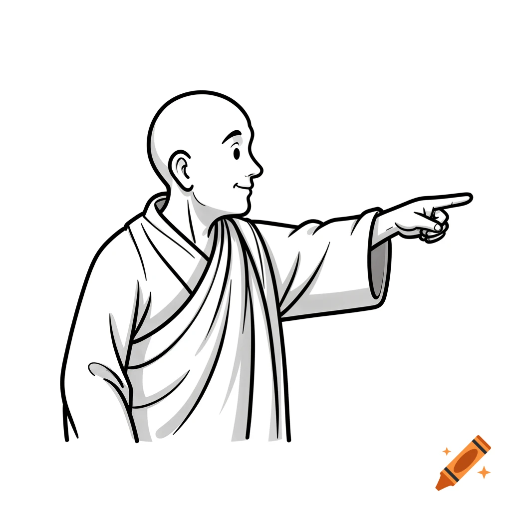 A black and white cartoon illustration of a bald monk in robes pointing right.