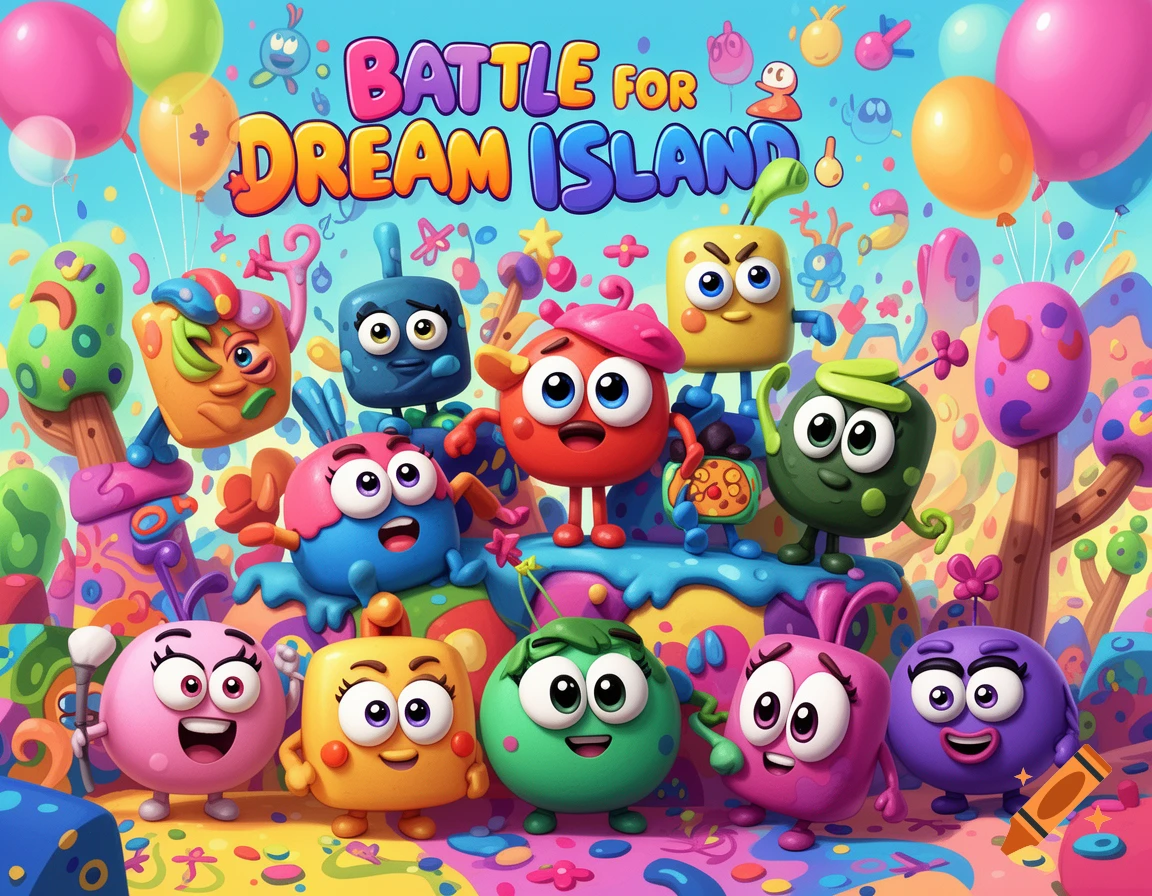 A colorful group of cartoon blob-like characters with big eyes and limbs, standing on a vibrant, splattered landscape under a blue sky with balloons. Text reads BATTLE for DREAM ISLAND.
