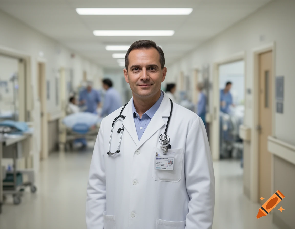 A smiling male doctor in a white coat and stethoscope stands in a brightly lit hospital corridor with blurred staff in the background.