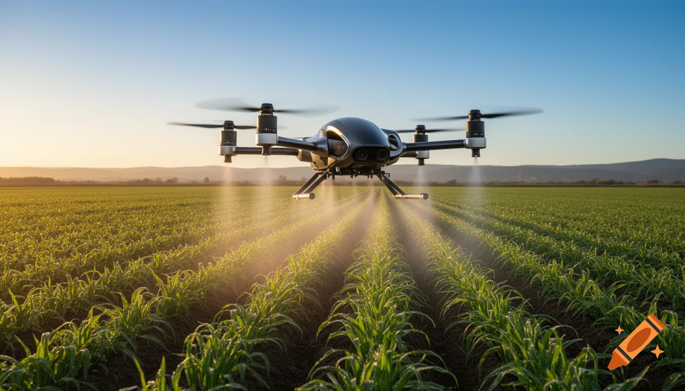 A modern agricultural drone flies over a green field, spraying plants with fine mist at sunrise.