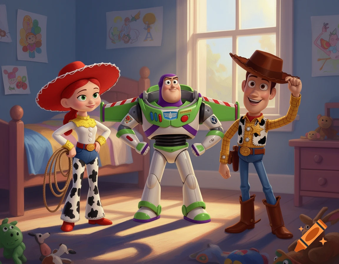 Jessie, Buzz Lightyear, and Woody from Toy Story standing in a child's bedroom, bathed in warm sunlight.