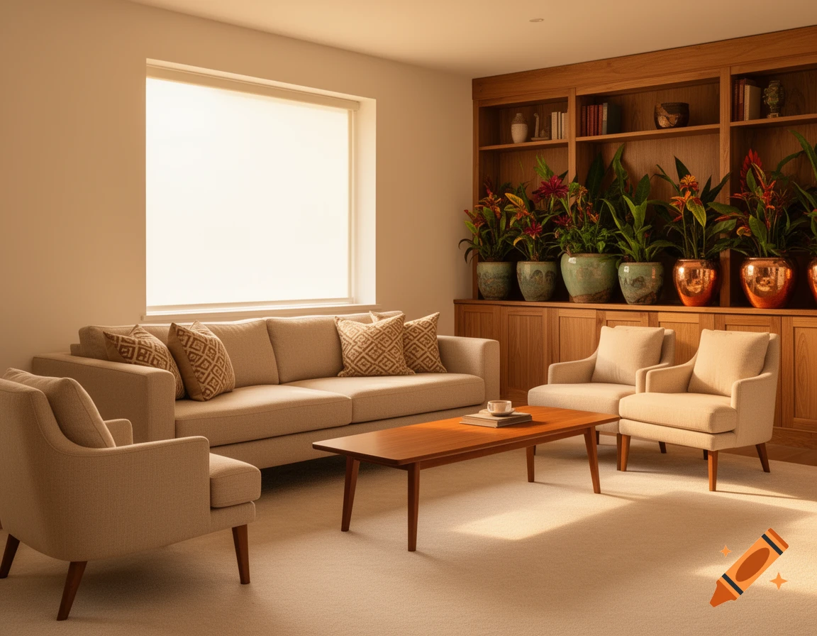 A photorealistic living room with beige furniture, a coffee table, and a wooden bookcase filled with potted exotic plants. Sunlight streams through a window.
