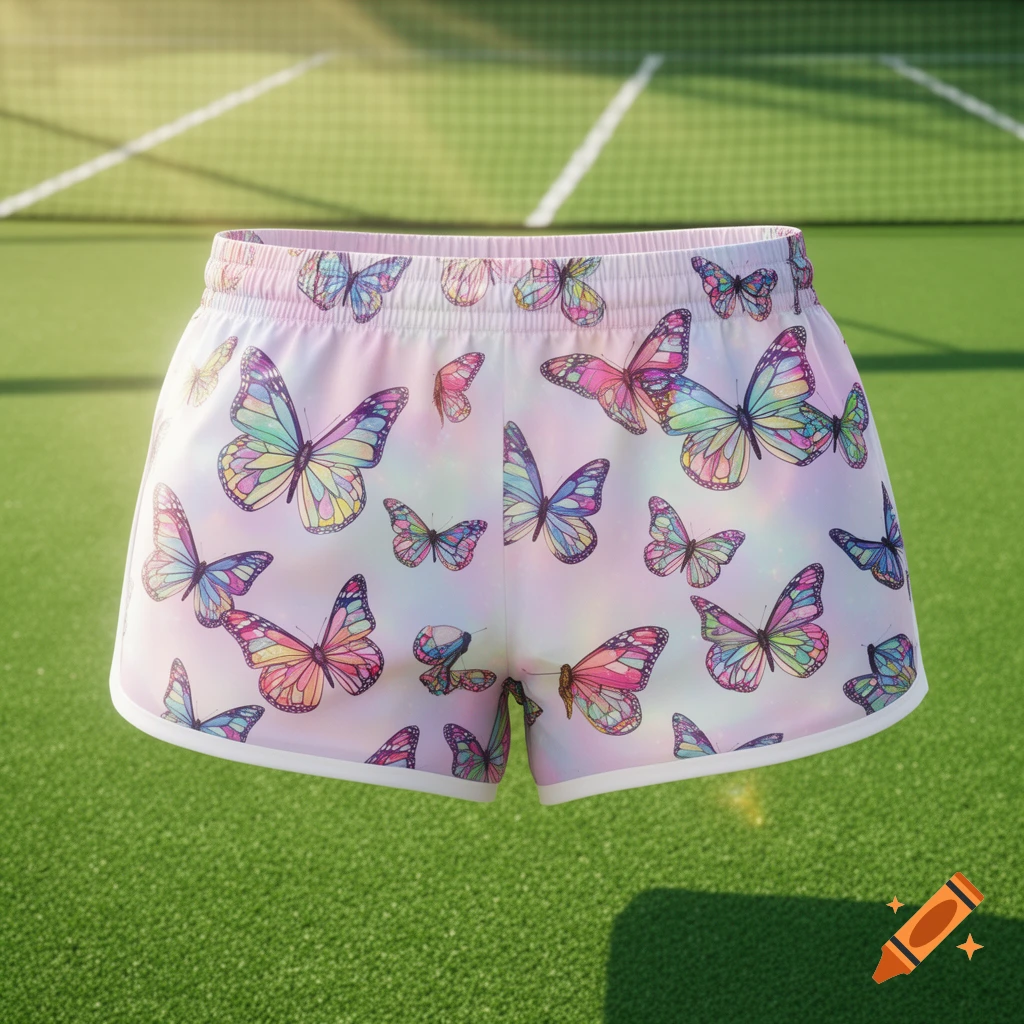 A pair of light pink tennis shorts with colorful butterfly patterns, set on a green tennis court.