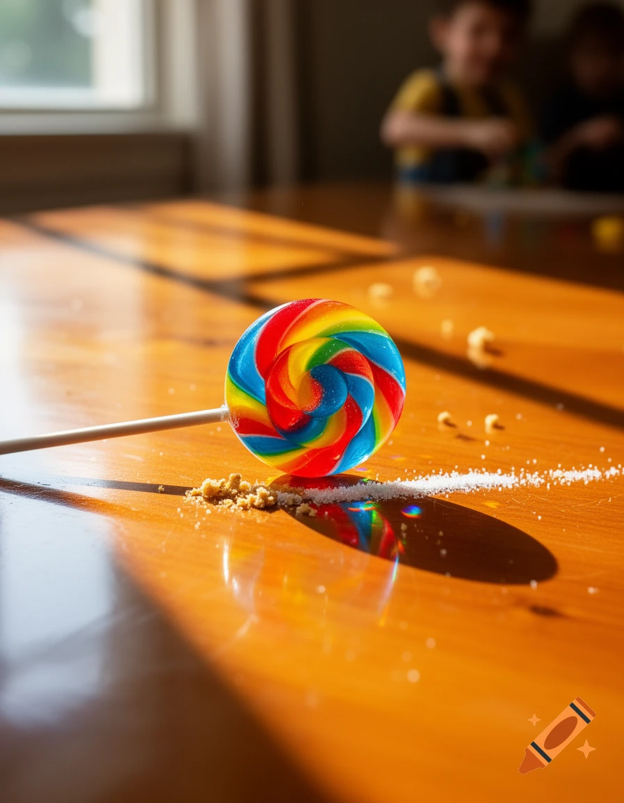 A colorful rainbow lollipop lies on a sunlit wooden table next to spilled sugar and crumbs, with blurred children in the background.