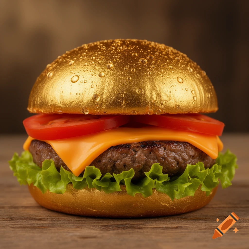 A close-up, photorealistic image of a golden burger with lettuce, cheese, patty, and tomato on a wooden surface.