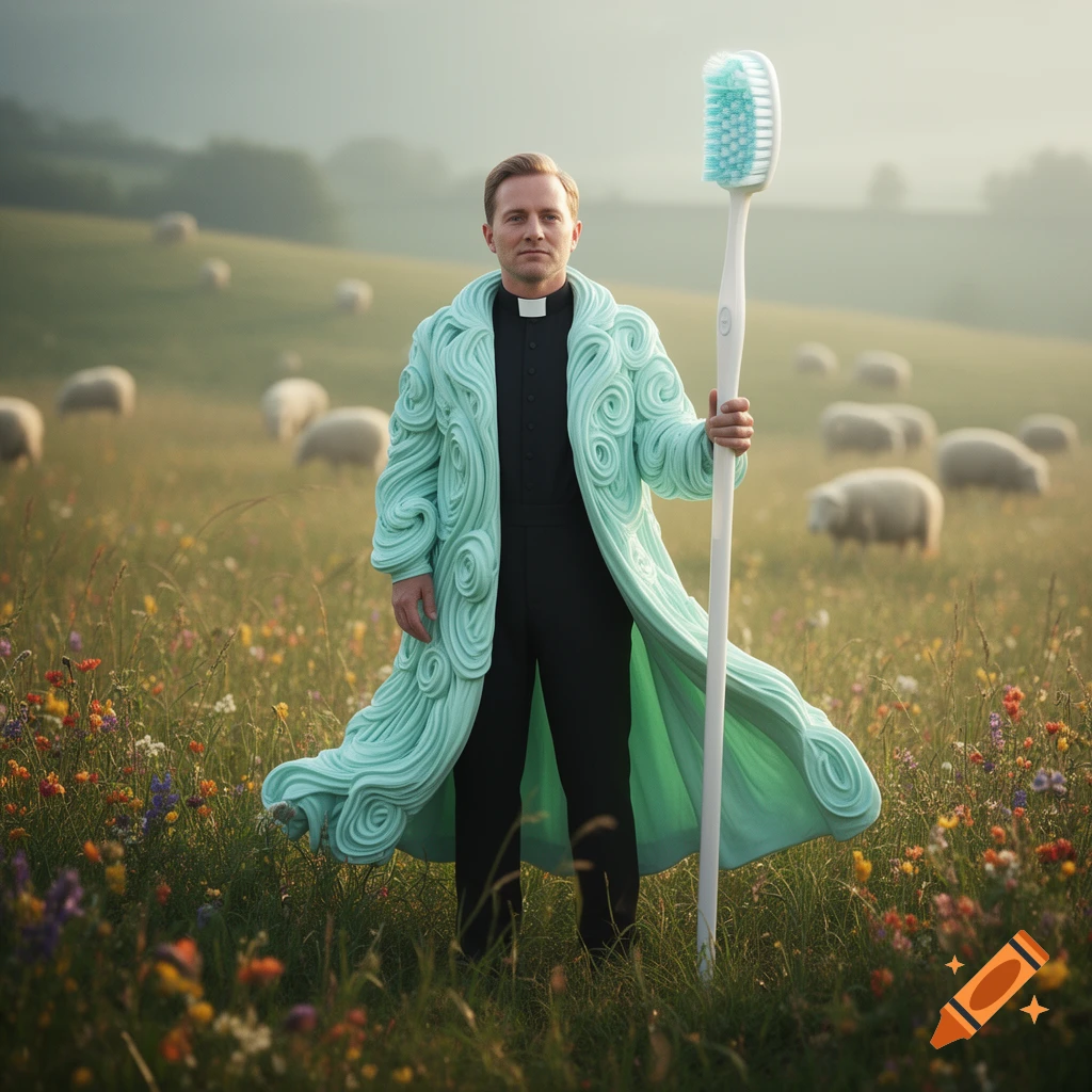A man in a black shirt and a mint green, swirly sculptural coat stands in a grassy field with sheep, holding a giant toothbrush.
