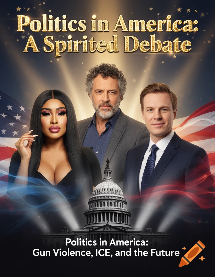 Political Now A political talk show poster featuring a woman and two men standing in ...
