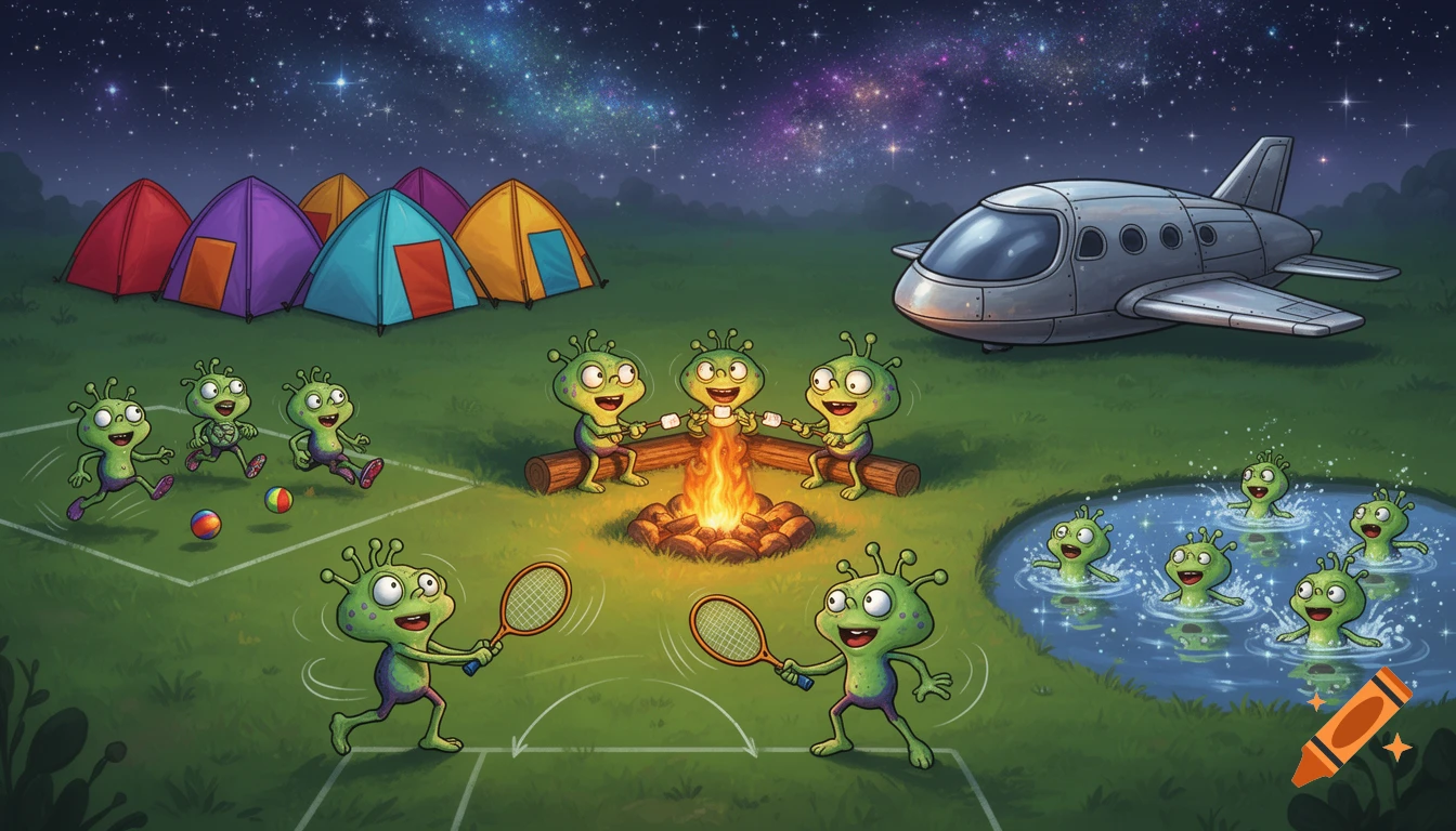 Green cartoon aliens are camping under a starry night sky. Some play tennis and football, others roast marshmallows, and five swim in a pond, next to colorful tents and a spaceship.