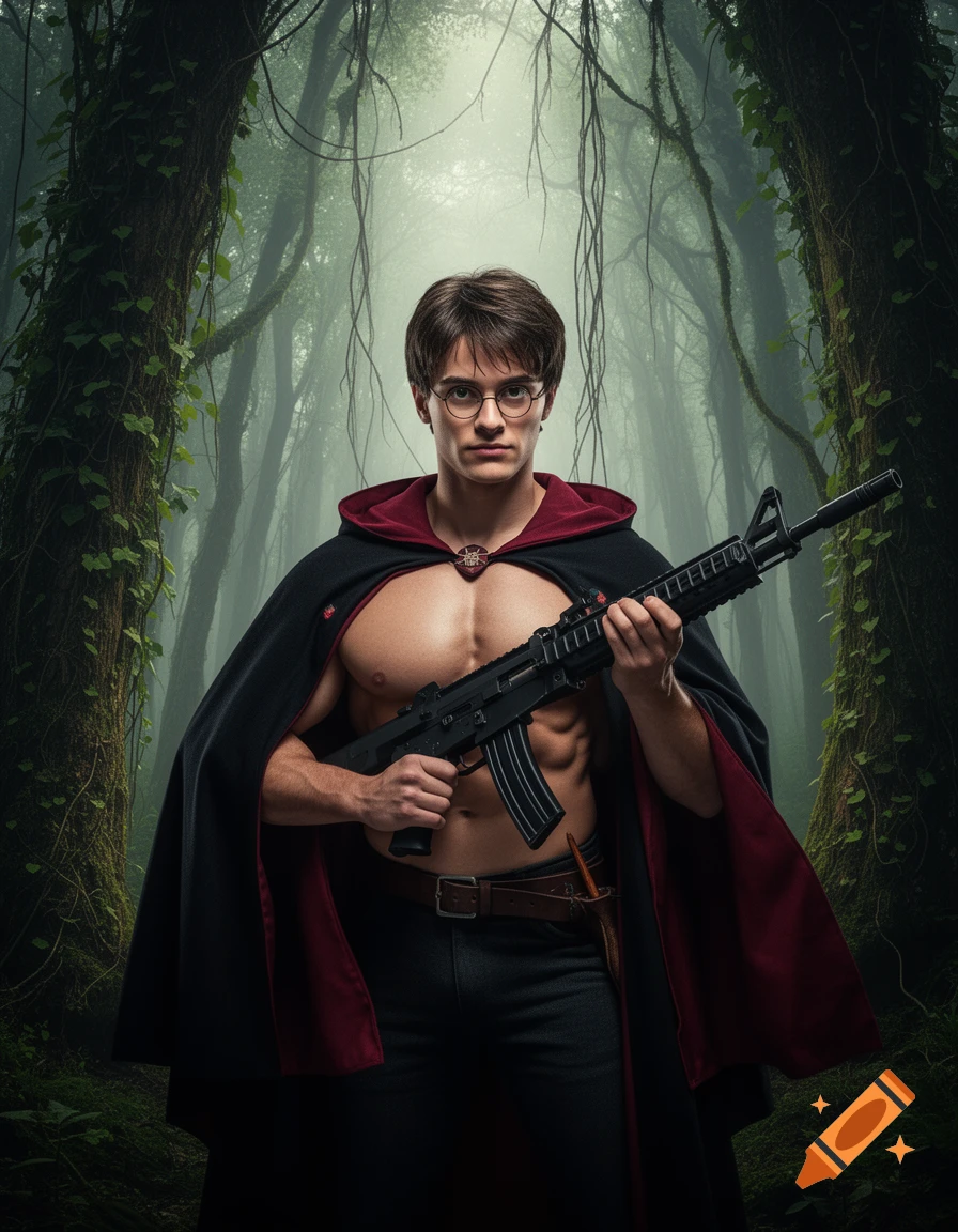 Muscular man resembling Harry Potter in a black and red cape, holding a rifle in a misty jungle.