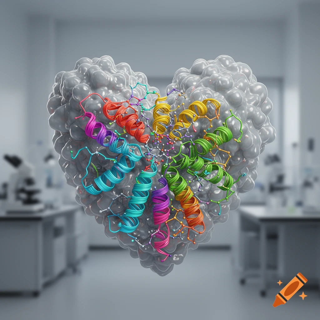 Heart-shaped molecular model with colorful helical structures against a blurred lab background.
