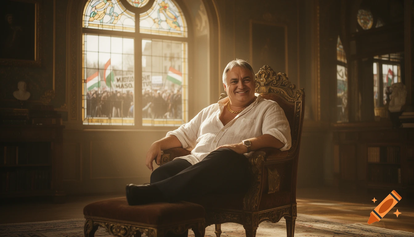 A smiling man with gray hair in a white shirt and gold chain lounges in an ornate chair in a grand room. A blurred protest is visible outside the stained-glass window.