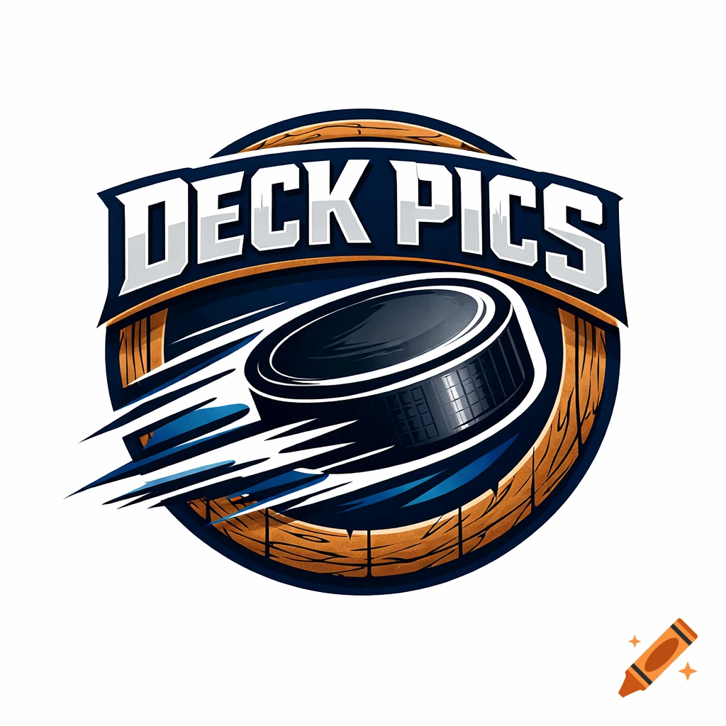 A sports logo featuring a hockey puck in motion on a dark blue shield with wooden texture behind it. The text "DECK PICS" is prominently displayed above the puck.