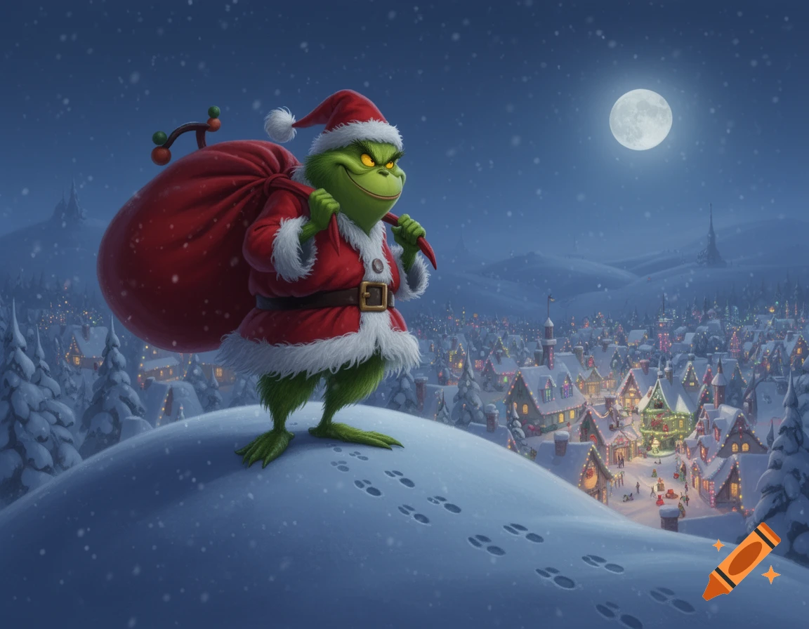 The Grinch in a Santa suit with a large sack stands on a snowy hill overlooking a festive, lit village under a full moon.