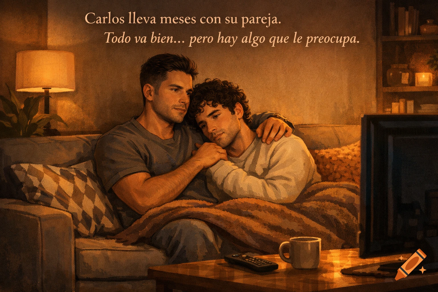 Painterly illustration of two men embracing on a couch in a cozy living room, watching TV.