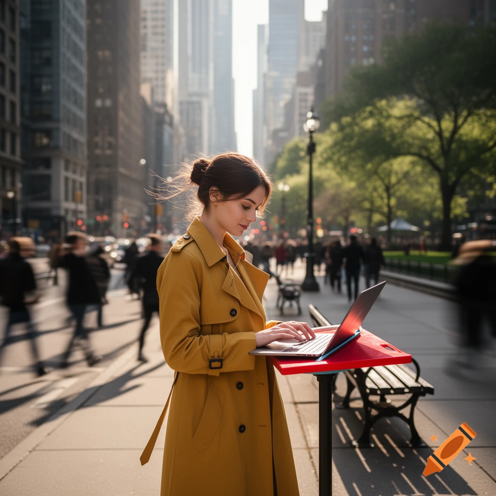 A woman in a yellow trench coat types on a laptop on a red portable stand in a bustling city street.