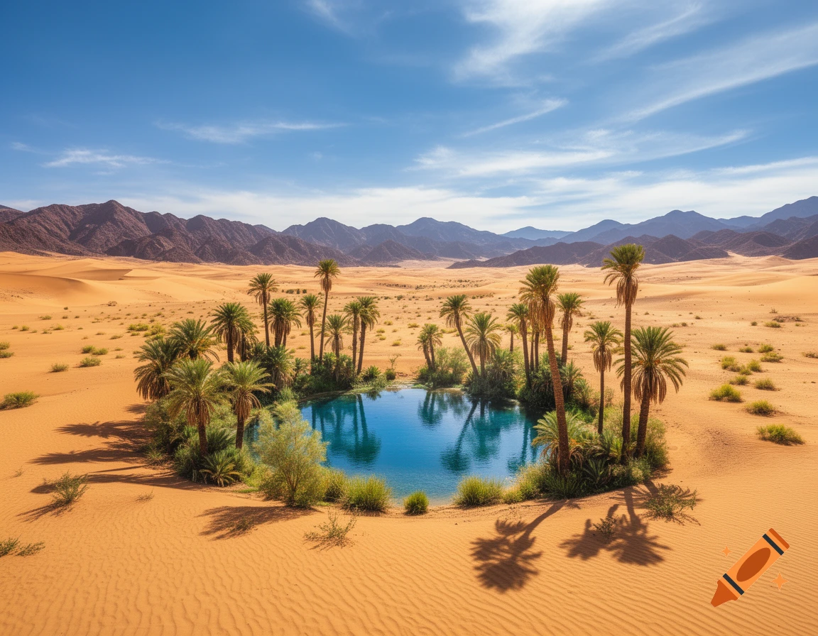 Photorealistic desert oasis with bright blue water, green palm trees, orange sand dunes, and distant mountains under a blue sky.