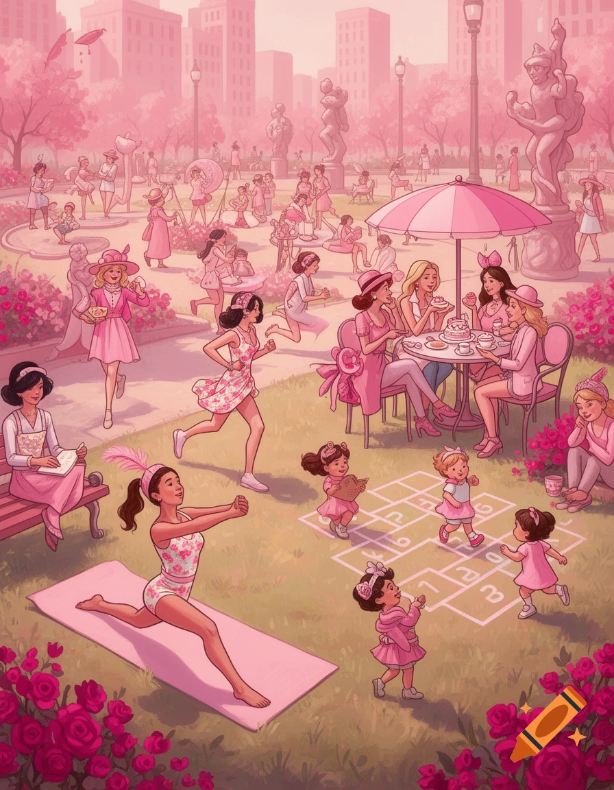 An illustrated pink-themed park scene filled with women and children engaged in activities like yoga, hopscotch, and having tea.