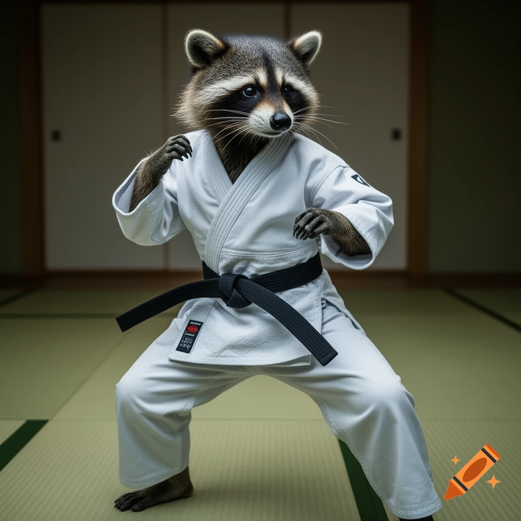 A photorealistic raccoon in a white karate gi with a black belt, in a fighting stance on a tatami mat.
