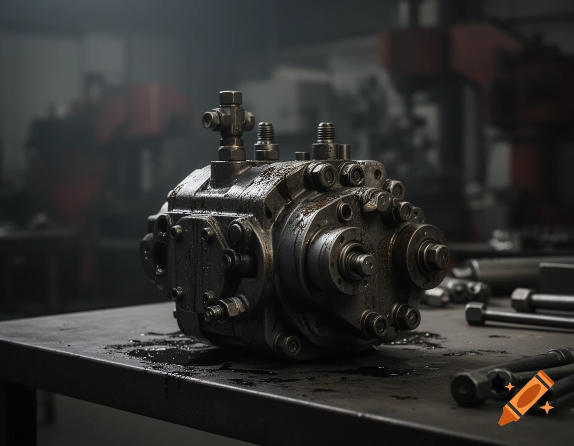 Photorealistic close-up of a greasy heavy-duty hydraulic motor on a steel workbench with dramatic lighting.