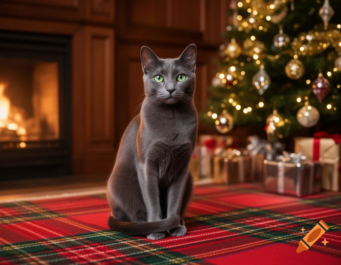 A gray cat with green eyes sits on a red plaid rug in front of a fireplace and a decorated Christmas tree with presents.