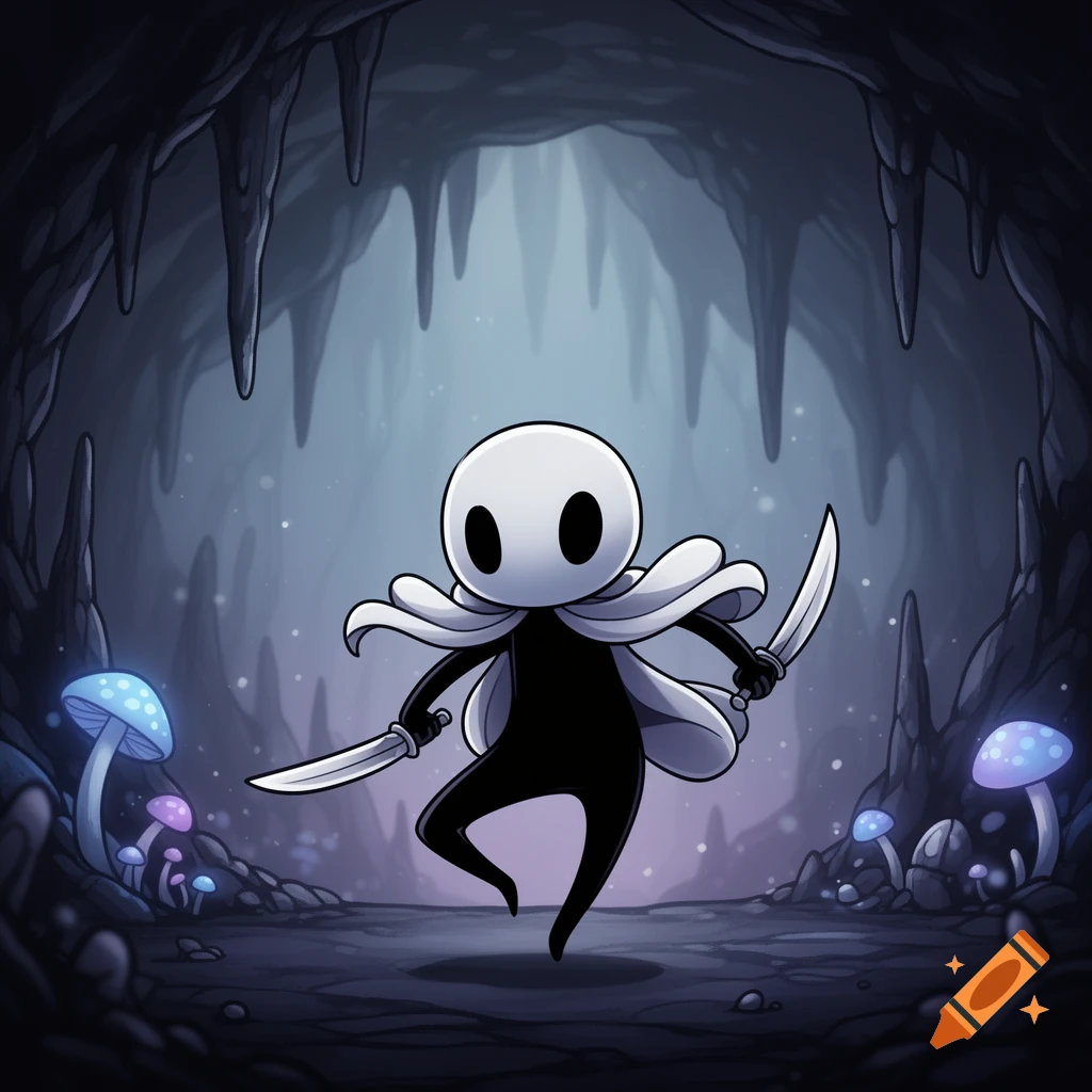 A cartoon knight with a white mask and cloak holds two daggers in a glowing mushroom cave.