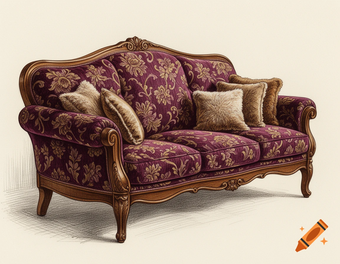 Hand-drawn illustration of an ornate purple and gold floral pattern couch with a wooden frame and fluffy tan pillows.