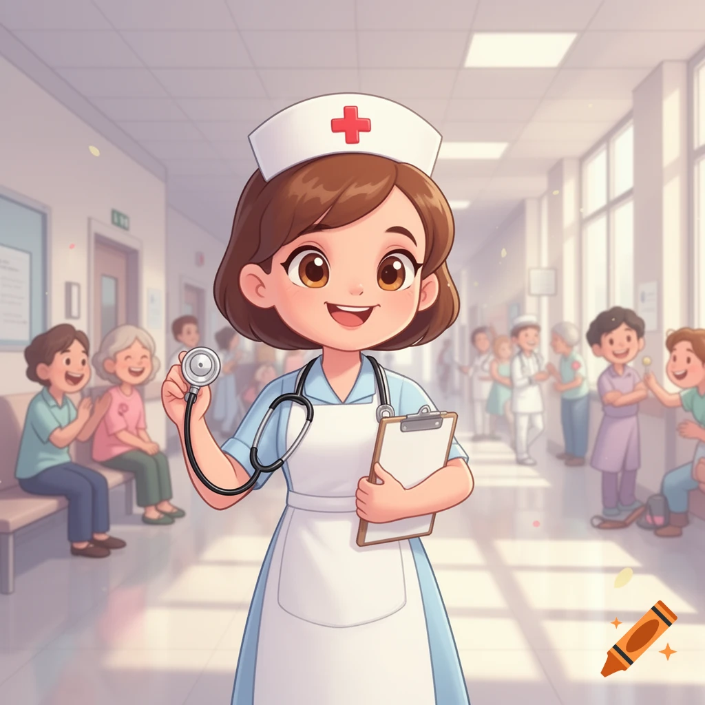 A happy cartoon nurse holds a stethoscope and clipboard in a bright hospital hallway with other smiling people.