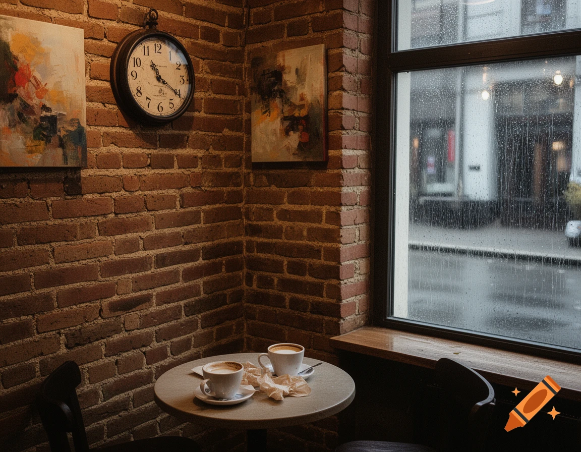 A cozy cafe corner features a brick wall, a clock, and a small table with two coffee cups and crumpled napkins. Outside, rain streaks down a large window overlooking a city street.